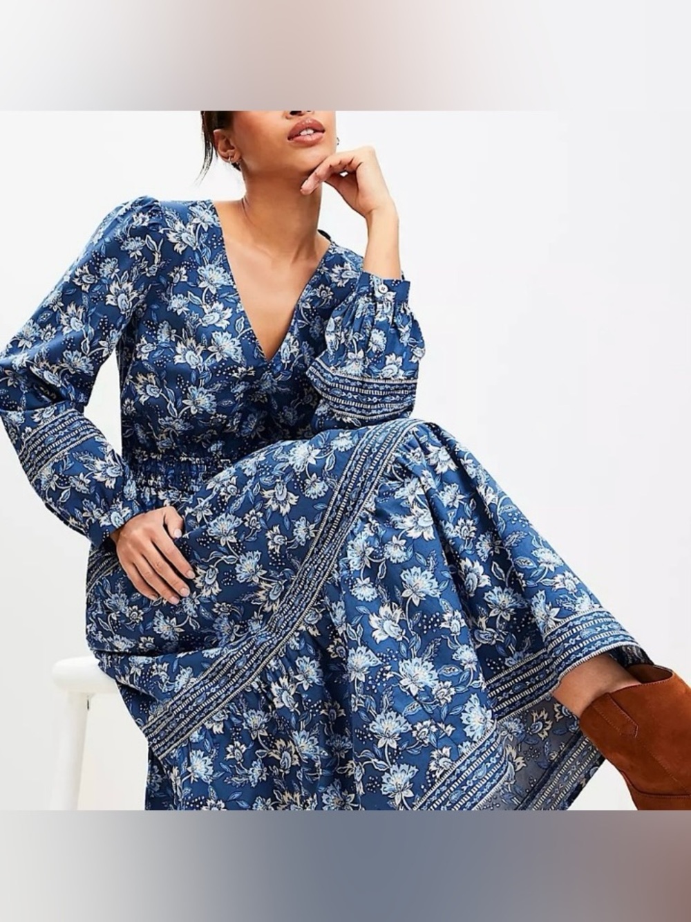 LOFT Blue Floral V-Neck Long Sleeve Tiered Maxi Dress